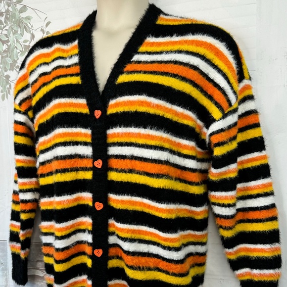 Sweet Society Womens Striped Black Orange Candy Corn Eyelash Sweater Sz. S M - Picture 2 of 11